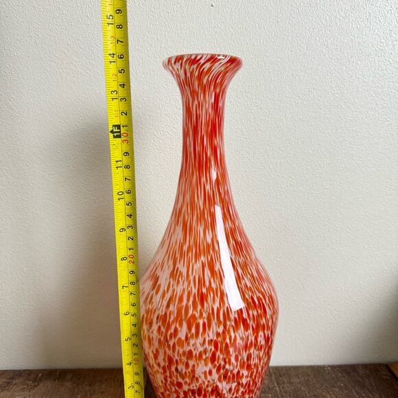 Mid Century Cased Glass Vase, Tall 16 Vintage MCM Red Orange‎ White Hand Blown Turned Tall Vase Smooth Pontil
